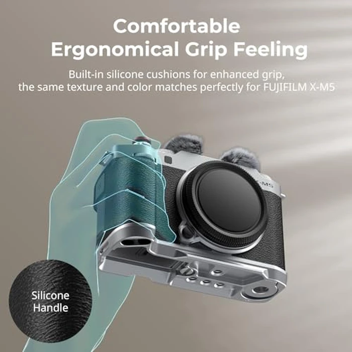 SMALLRIG X-M5 Handgrip L-Shape Grip for FUJIFILM X-M5, Built-in Quick Release Plate for Arca, Lightweight Silicone Side Handle, Includes Windshield with Cold Shoe Adapter (Sliver) - 4875 by SMALLRIG - Image 4