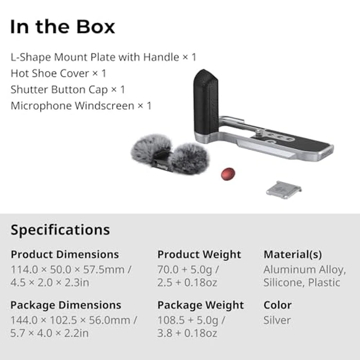 SMALLRIG X-M5 Handgrip L-Shape Grip for FUJIFILM X-M5, Built-in Quick Release Plate for Arca, Lightweight Silicone Side Handle, Includes Windshield with Cold Shoe Adapter (Sliver) - 4875 by SMALLRIG - Image 7