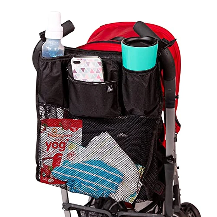 J.L. Childress Cups 'N Cargo Universal Stroller Caddy Organizer - Essential Travel Accessories for Baby Stroller, Includes Cup Holders & Mesh Storage Bag, Fits UPPAbaby, Doona, Nuna, & More - Black by J.L. Childress - Image 1
