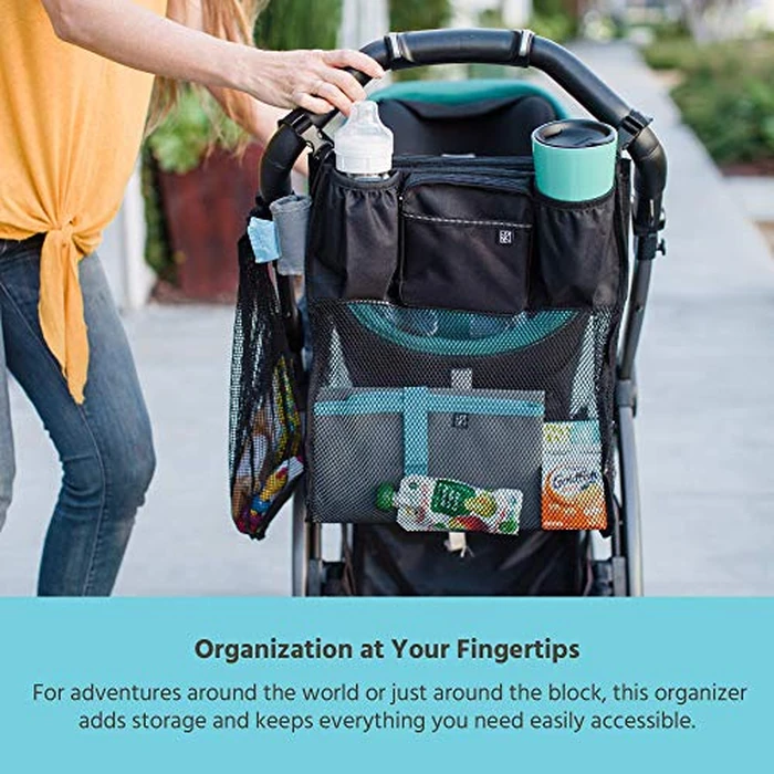 J.L. Childress Cups 'N Cargo Universal Stroller Caddy Organizer - Essential Travel Accessories for Baby Stroller, Includes Cup Holders & Mesh Storage Bag, Fits UPPAbaby, Doona, Nuna, & More - Black by J.L. Childress - Image 3