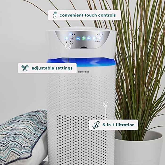 Homedics 5-in-1 UV-C Air Purifier - 360-Degree HEPA Filter for 1,593 Sq Ft, Extra Large Air Purifiers for Bedroom and Home, Essential Oil Pads, Built-In Timer, 5 Speed Settings for Large Rooms, White by Homedics - Image 4