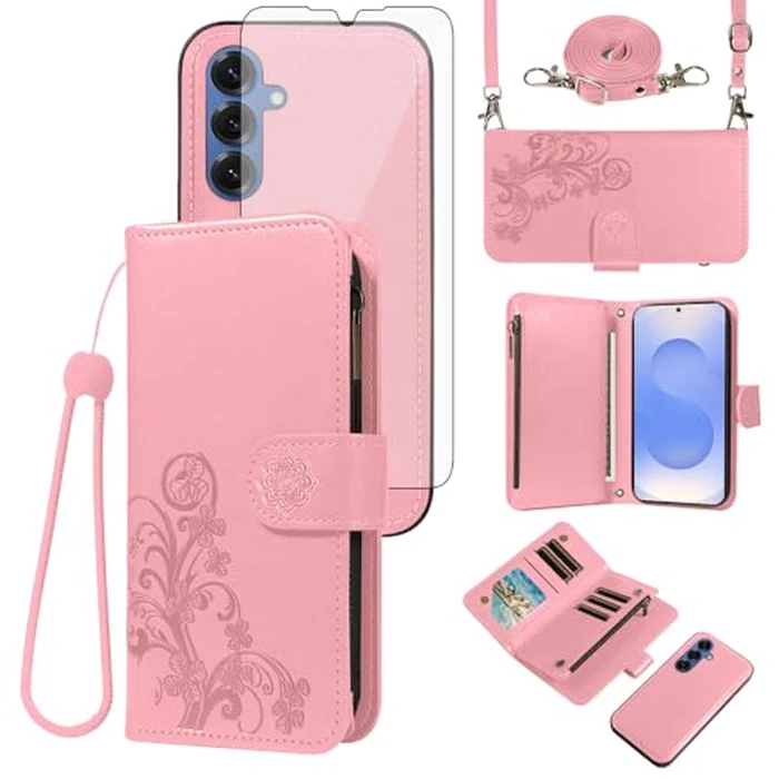 Asuwish Phone Case for Samsung Galaxy S25 Plus S25+ 5G Zipper Wallet Detachable Cell Cover with Tempered Glass Screen Protector Strap Flower Card Holder Slot S25Plus 25S + S 25 25+ SM-S936U Women Pink by Asuwish - Used - Good condition