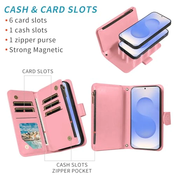 Asuwish Phone Case for Samsung Galaxy S25 Plus S25+ 5G Zipper Wallet Detachable Cell Cover with Tempered Glass Screen Protector Strap Flower Card Holder Slot S25Plus 25S + S 25 25+ SM-S936U Women Pink by Asuwish - Image 4