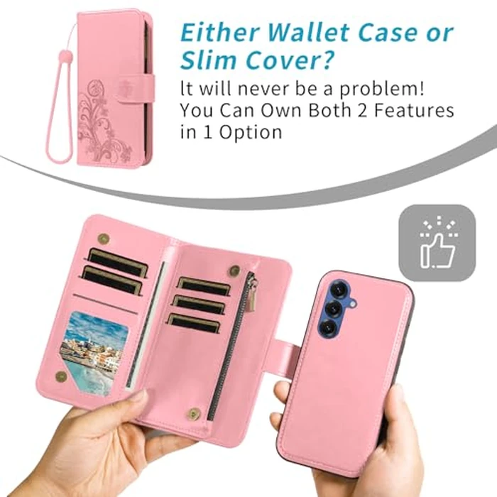 Asuwish Phone Case for Samsung Galaxy S25 Plus S25+ 5G Zipper Wallet Detachable Cell Cover with Tempered Glass Screen Protector Strap Flower Card Holder Slot S25Plus 25S + S 25 25+ SM-S936U Women Pink by Asuwish - Image 5