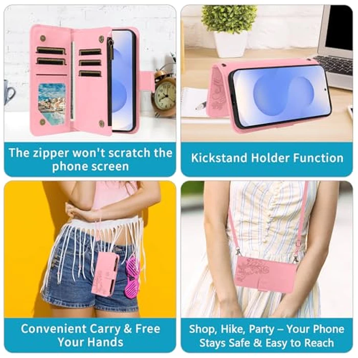 Asuwish Phone Case for Samsung Galaxy S25 Plus S25+ 5G Zipper Wallet Detachable Cell Cover with Tempered Glass Screen Protector Strap Flower Card Holder Slot S25Plus 25S + S 25 25+ SM-S936U Women Pink by Asuwish - Image 6