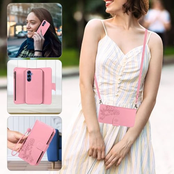 Asuwish Phone Case for Samsung Galaxy S25 Plus S25+ 5G Zipper Wallet Detachable Cell Cover with Tempered Glass Screen Protector Strap Flower Card Holder Slot S25Plus 25S + S 25 25+ SM-S936U Women Pink by Asuwish - Image 7