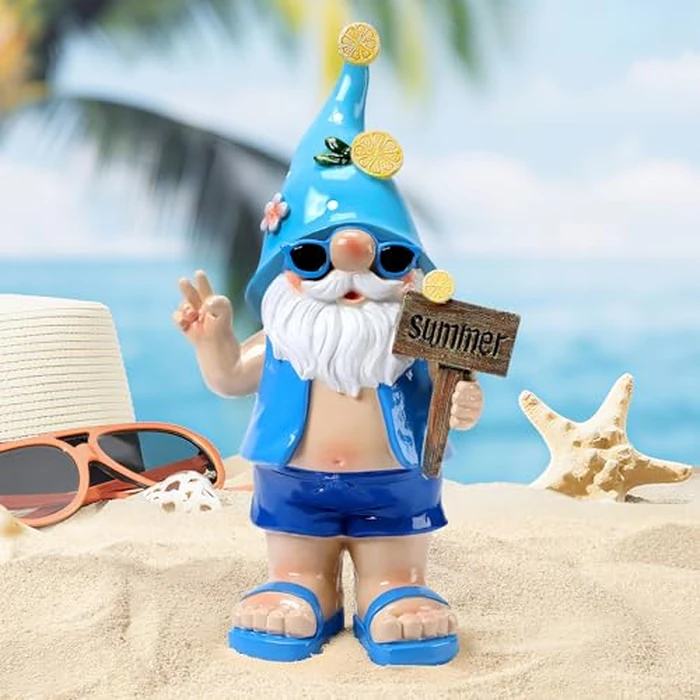 Wiresusan Outdoor Summer Gnomes Statue Beach Gnome Garden Decor for Outside, Beach, Yard, Lawn Ocean Sea Theme Home Decorations for Table, Shelf, Blue Gnome Figurine Funny Elf Gifts for Women by Wiresusan - Used - Like New condition