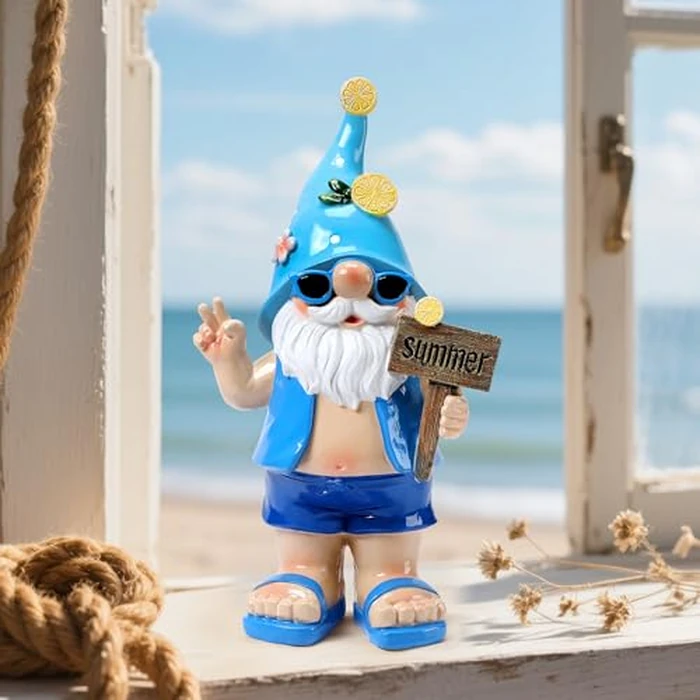 Wiresusan Outdoor Summer Gnomes Statue Beach Gnome Garden Decor for Outside, Beach, Yard, Lawn Ocean Sea Theme Home Decorations for Table, Shelf, Blue Gnome Figurine Funny Elf Gifts for Women by Wiresusan - Image 6