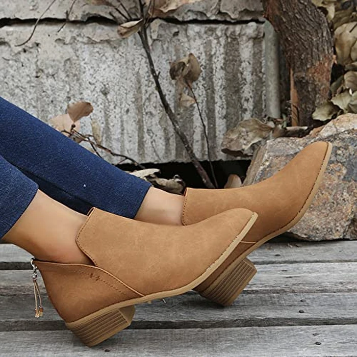 JITUUE Ankle Booties for Women,Women's Casual Dress Low Heeled Booties. V Cut Fashion Thick Heel Design Shoes(Brown,US 10 by JITUUE - Image 3