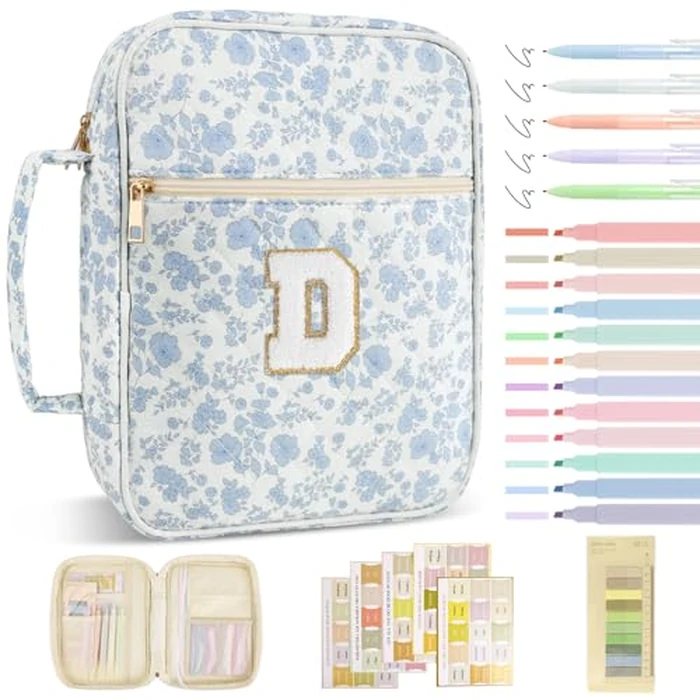 Personalized Initial Bible Cover Case for Women Girls Kid - Large Quilted Bible Case with Handle, Stylish Chenille Letter Bag Study Supplies, Perfect Christmas Gifts for Christians (Blue Flower-D) by Iqimott - Used - Like New condition