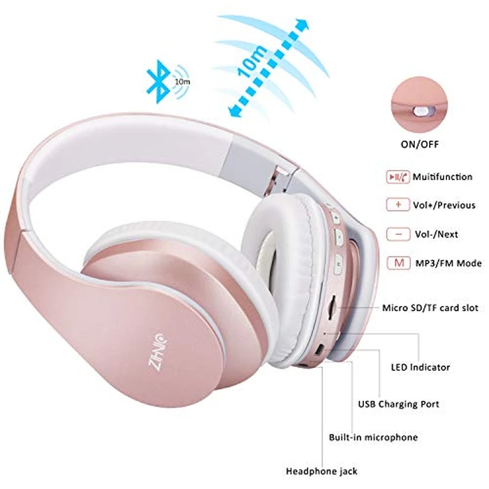 ZIHNIC Bluetooth Headphones Over-Ear, Foldable Wireless and Wired Stereo Headset Micro SD/TF, FM for Cell Phone,PC,Soft Earmuffs &Light Weight for Prolonged Wearing(Rose Gold) by ZIHNIC - Image 6