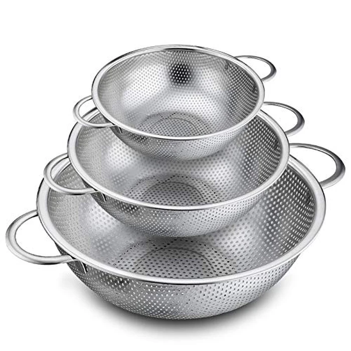 P&P CHEF Colander Set of 3, Stainless Steel Micro-Perforated Colanders Strainers for Draining Rinsing Washing, Ideal for Pasta Vegetables Fruits, Heavy Duty & Dishwasher Safe - 1/3/5 Quart by P&P CHEF - Image 1