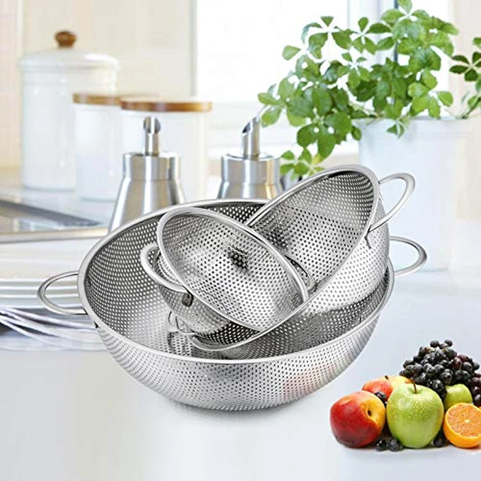 P&P CHEF Colander Set of 3, Stainless Steel Micro-Perforated Colanders Strainers for Draining Rinsing Washing, Ideal for Pasta Vegetables Fruits, Heavy Duty & Dishwasher Safe - 1/3/5 Quart by P&P CHEF - Image 2