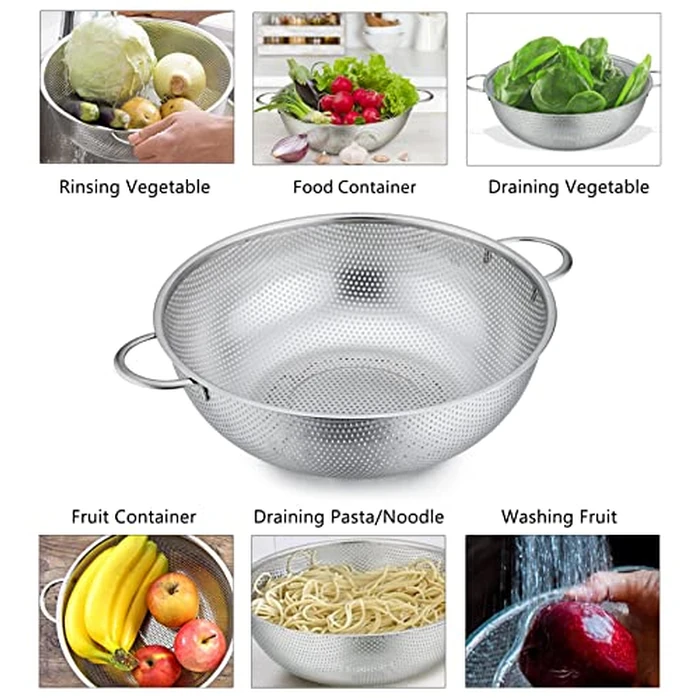 P&P CHEF Colander Set of 3, Stainless Steel Micro-Perforated Colanders Strainers for Draining Rinsing Washing, Ideal for Pasta Vegetables Fruits, Heavy Duty & Dishwasher Safe - 1/3/5 Quart by P&P CHEF - Image 4