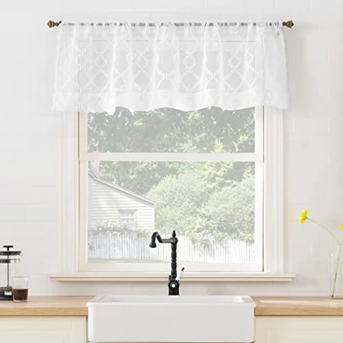 No. 918 Tina Geometric Clipped Semi-Sheer Rod Pocket Kitchen Curtain Valance, White, 54" W x 15" L by No. 918 - Used - Good condition - CA$4.54
