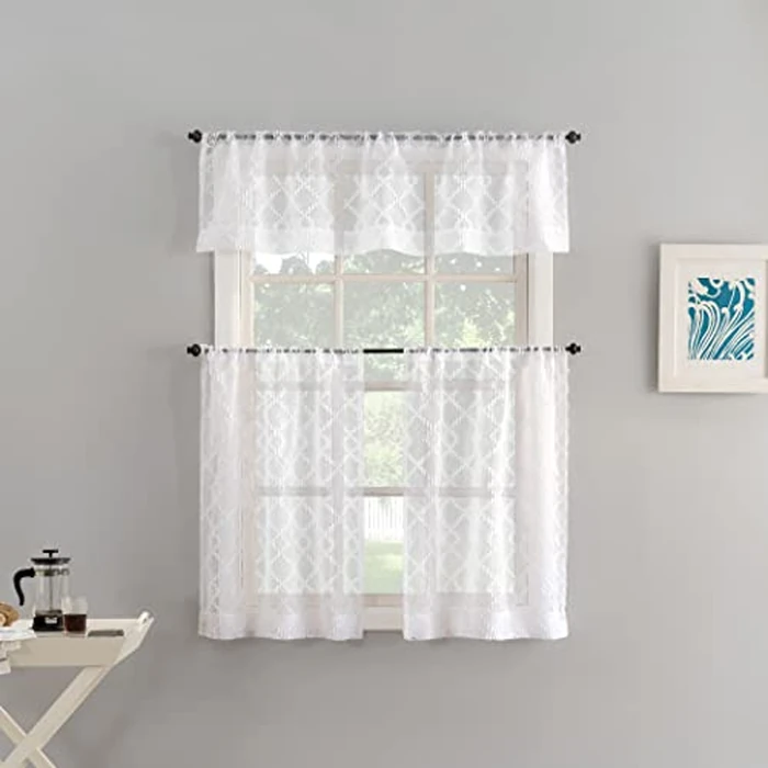 No. 918 Tina Geometric Clipped Semi-Sheer Rod Pocket Kitchen Curtain Valance, White, 54" W x 15" L by No. 918 - Image 2