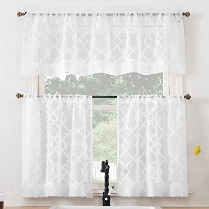 No. 918 Tina Geometric Clipped Semi-Sheer Rod Pocket Kitchen Curtain Valance, White, 54" W x 15" L by No. 918 - Image 5