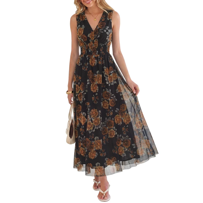 ANRABESS Womens Summer Floral Maxi Dress, A Line Tulle,Elegant for Wedding Guest & Beach Vacation,Flowy Casual Boho Outfits Floral Black Yellow Medium by ANRABESS - Image 1