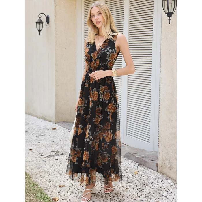 ANRABESS Womens Summer Floral Maxi Dress, A Line Tulle,Elegant for Wedding Guest & Beach Vacation,Flowy Casual Boho Outfits Floral Black Yellow Medium by ANRABESS - Image 3