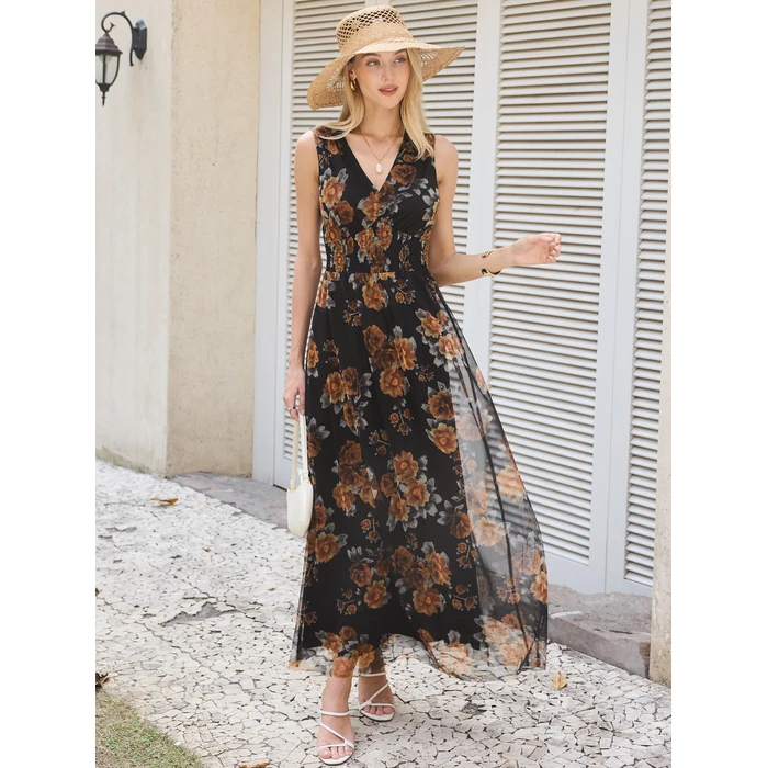 ANRABESS Womens Summer Floral Maxi Dress, A Line Tulle,Elegant for Wedding Guest & Beach Vacation,Flowy Casual Boho Outfits Floral Black Yellow Medium by ANRABESS - Image 4