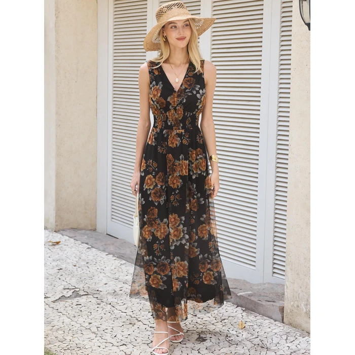 ANRABESS Womens Summer Floral Maxi Dress, A Line Tulle,Elegant for Wedding Guest & Beach Vacation,Flowy Casual Boho Outfits Floral Black Yellow Medium by ANRABESS - Image 5