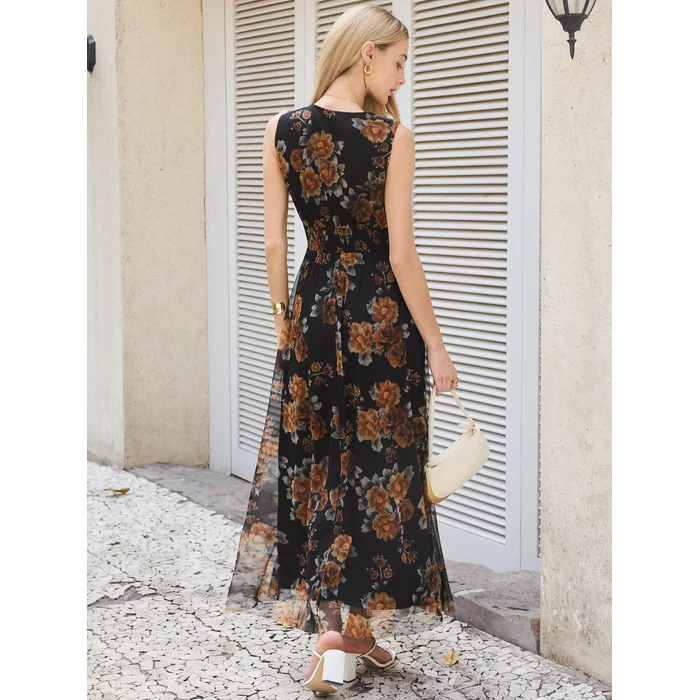 ANRABESS Womens Summer Floral Maxi Dress, A Line Tulle,Elegant for Wedding Guest & Beach Vacation,Flowy Casual Boho Outfits Floral Black Yellow Medium by ANRABESS - Image 6