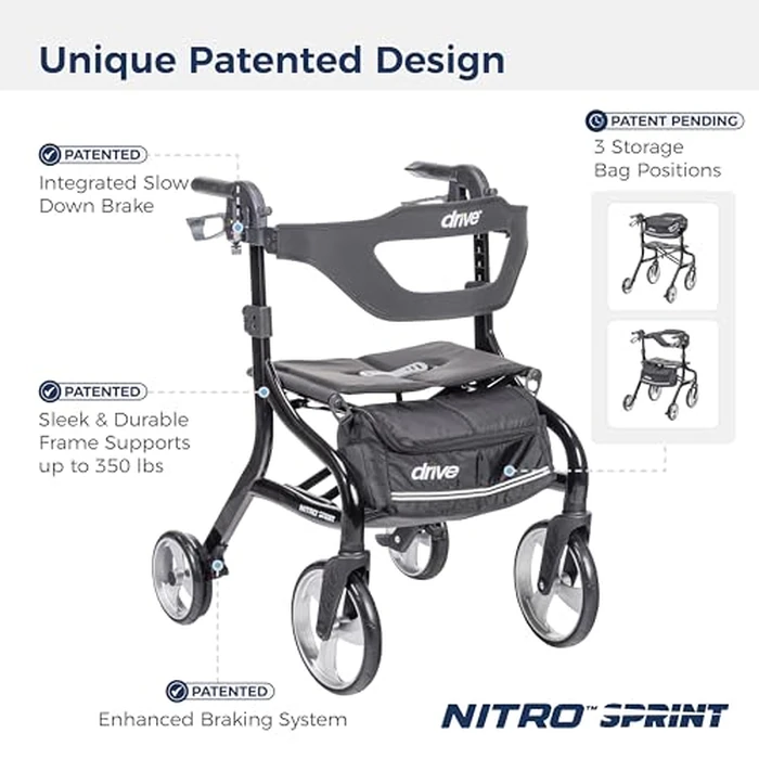 Drive Medical Nitro Sprint Foldable Rollator Walker with Seat - Lightweight Support - Large Wheels - Compact Folding Design - Adjustable Comfort - Standard Size - Black by Drive Medical - Image 2