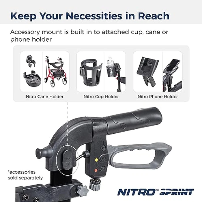 Drive Medical Nitro Sprint Foldable Rollator Walker with Seat - Lightweight Support - Large Wheels - Compact Folding Design - Adjustable Comfort - Standard Size - Black by Drive Medical - Image 5