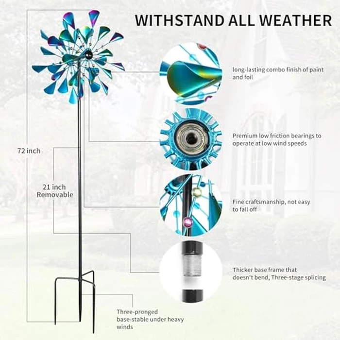 DECOROCA Kinetic Wind Spinners Outdoor - Large Metal Wind Sculptures & Spinners Yard Patio Lawn Garden Decorations, Windmill Clearance with Stable Metal Stake(Peacock-Blue) by Decoroca - Image 3