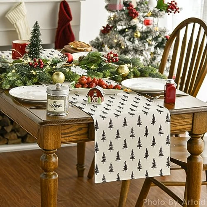 Artoid Mode Beige Xmas Tree Christmas Table Runner, Seasonal Winter Kitchen Dining Table Decoration for Home Party Decor 13x120 Inch by Artoid Mode - Image 2