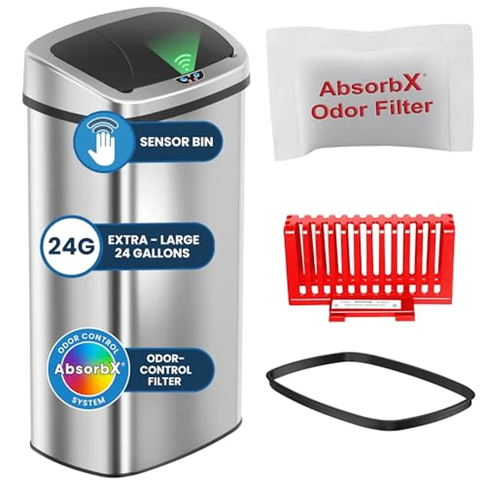 iTouchless 24 Gallon Extra Large Touchless Sensor Trash Can with AbsorbX Odor Filter, 91L Commercial Stainless Steel Automatic Kitchen Bin for Home, Office, Restaurant, Commercial Lobby, Store by iTouchless - Used - Like New condition - US$108.26
