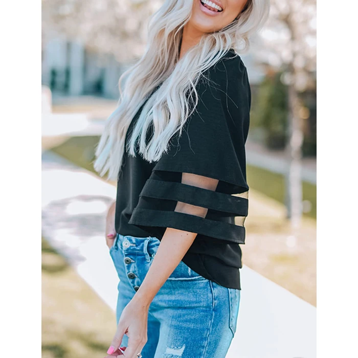 LookbookStore Women V Neck Mesh Panel Tops for Women Summer Tops 2024 V Neck Casual 3/4 Flared Bell Sleeve Blouse Loose Business Work Blouse and Tops Size 3X-Large by LookbookStore - Image 3