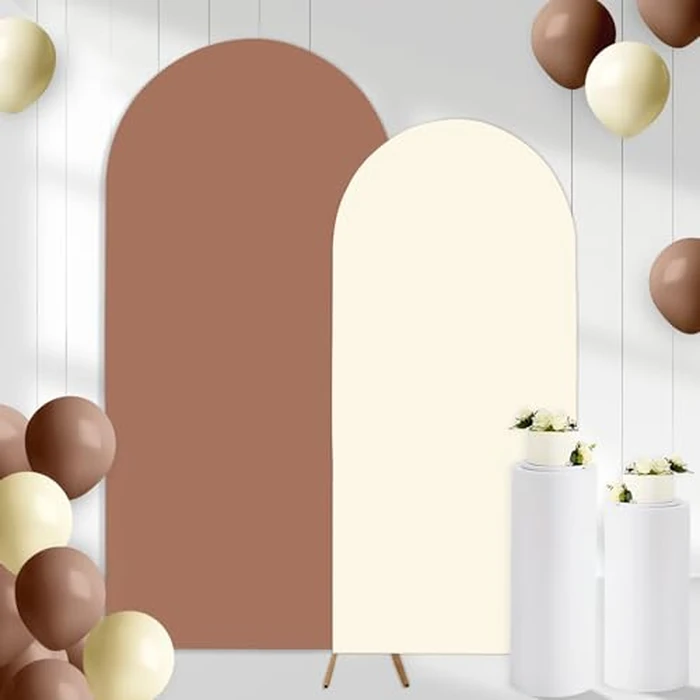 CORNER LACE 2PCS Arch Backdrop Covers Brown Cream Color (7.2ft+6ft), 2 Sided Spandex Fitted Arch Stand Covers Background for Graduation Wedding Baby Shower Birthday Bridal Shower Party Decorations by CORNER LACE - Used - Like New condition