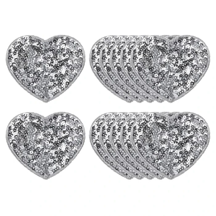 MECCANIXITY 12 Pcs Heart Iron on Patches, 2.36 x 2.75 Inch Embroidery Sequin Patches for Clothing Repair Backpack Shoes Decoration, Silver by MECCANIXITY - Used - Like New condition