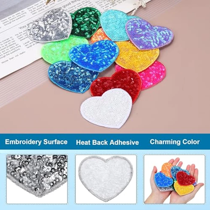 MECCANIXITY 12 Pcs Heart Iron on Patches, 2.36 x 2.75 Inch Embroidery Sequin Patches for Clothing Repair Backpack Shoes Decoration, Silver by MECCANIXITY - Image 3