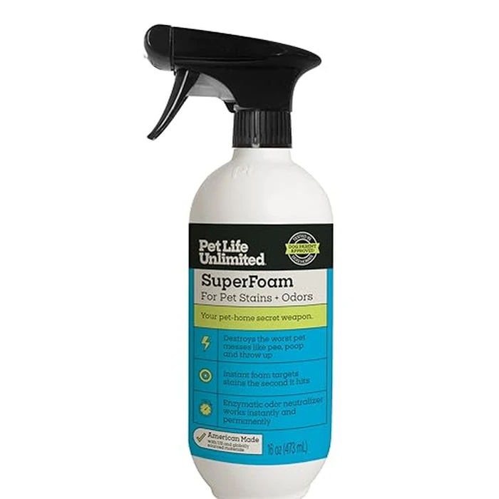 Pet Life Unlimited SuperFoam Spray, Carpet and Surface Cleaner for Dog Urine, 16 oz, Strong Odor & Stain Remover, Plant-Based Formula, Natural Juniper Leaf Scent, Two-Way Spray, USA Made (Pack of 1) by Pet Life Unlimited - Image 1