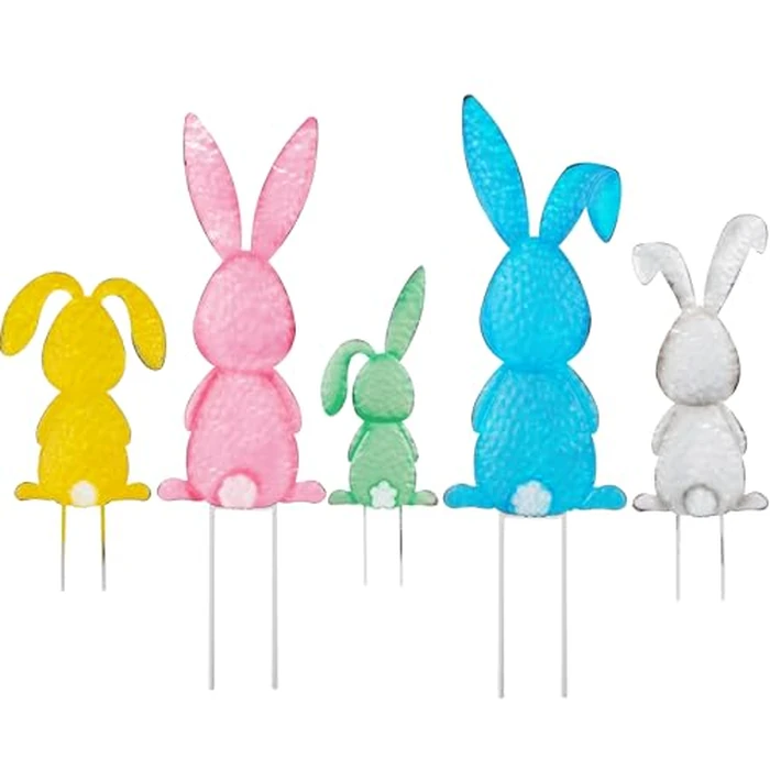Treewoll5 Packs Easter Garden Stakes Decorations, Metal Bunny Yard Signs, Adorable Rabbit Stakes in Five Colors for Courtyard Patio Spring Lawn Holiday Outdoor Display Props by Treewoll - Image 1
