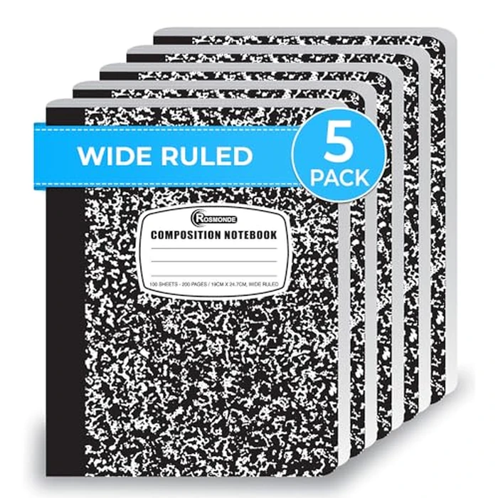 Rosmonde Composition Notebook Wide Ruled 5 Pack, 200 Pages (100 Sheets), 9-3/4 x 7-1/2, Back to School Supplies, Notebooks for School, Office Supplies, Notebooks for Work, Wide Ruled Notebook by Rosmonde - Used - Acceptable condition