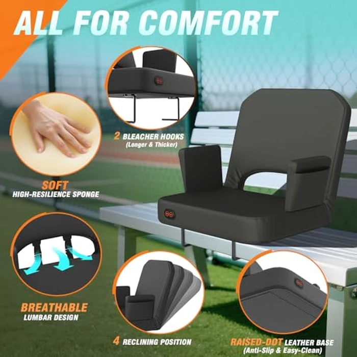 HOPERAN Heated Stadium Seats for Bleachers with Back Support - 3 Levels Bleacher Chairs with Back and Cushion and Armrest, Wide & Thick Padded Bleacher Seats, Stadium Chairs for Outdoor Sports Games by HOPERAN - Image 5