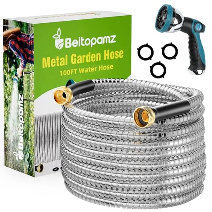 Beitopamz 100 ft Garden Hose, Stainless Steel Metal Water Hose with Nozzle, Flexible and Durable, Rust Proof, No-Kink, Heavy Duty, Leakproof 3/4'' Brass Fittings, Lightweight Hose for Patio, Lawn by beitopamz - Used - Good condition - CA$85.36