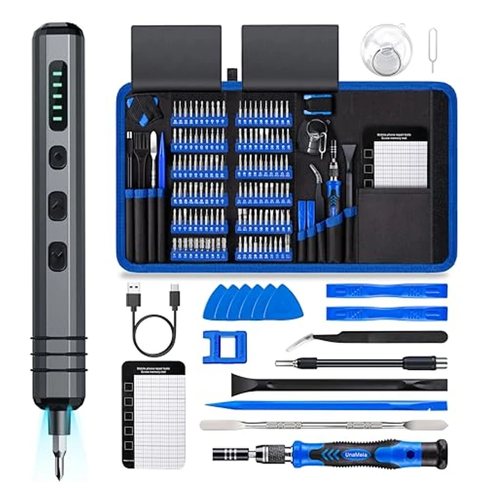 Mini Electric Screwdriver Set 140-IN-1: UnaMela Small Electric Screwdriver Cordless - 120 Precision Bits, 5 Torque Settings, LED Light, Magnetic Power Screwdriver Repair Tool Kit for PC RC Electronics by UnaMela - Used - Like New condition