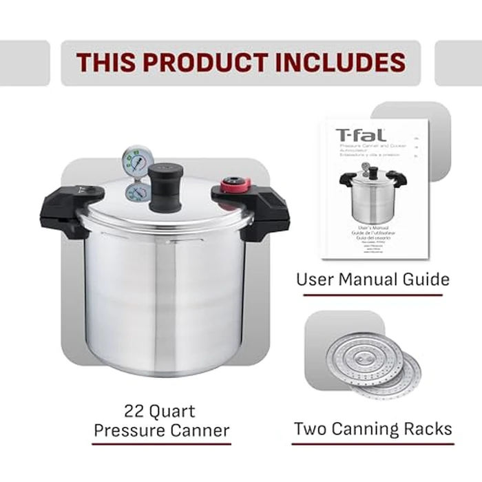 T-fal 22-Quart Aluminum Pressure Canner, 3 PSI Settings, Home Canning, Includes Racks & Canning Guide, Large Capacity, Pressure & Water Bath Canning for Vegetables, Meats, Seafood & Fruits, Silver by T-Fal - Image 2