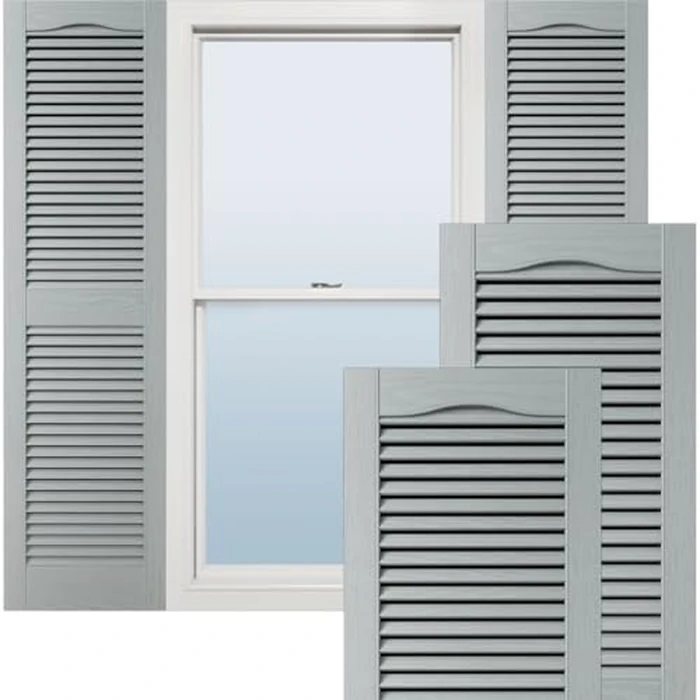 14 1/2"W x 36"H Lifetime Vinyl, Standard Cathedral Top Center Mullion, Open Louver Shutters, w/Installation Shutter-Lok's & Matching Screws (Per Pair), Platinum by Ekena Millwork - Used - Acceptable condition - CA$40.73