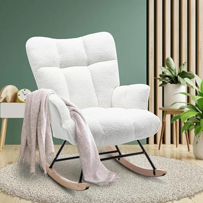 SAETSFEG Rocking Chair Nursery Teddy Upholstered Glider Rocker Chair Padded Seat with High Backrest Armchair Comfy Nursing Chair Indoor for Living Room Bedroom, White by SAETSFEG - Used - Good condition