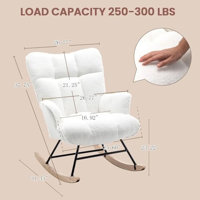 SAETSFEG Rocking Chair Nursery Teddy Upholstered Glider Rocker Chair Padded Seat with High Backrest Armchair Comfy Nursing Chair Indoor for Living Room Bedroom, White by SAETSFEG - Image 3