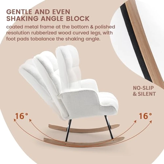 SAETSFEG Rocking Chair Nursery Teddy Upholstered Glider Rocker Chair Padded Seat with High Backrest Armchair Comfy Nursing Chair Indoor for Living Room Bedroom, White by SAETSFEG - Image 4