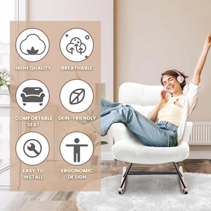 SAETSFEG Rocking Chair Nursery Teddy Upholstered Glider Rocker Chair Padded Seat with High Backrest Armchair Comfy Nursing Chair Indoor for Living Room Bedroom, White by SAETSFEG - Image 5