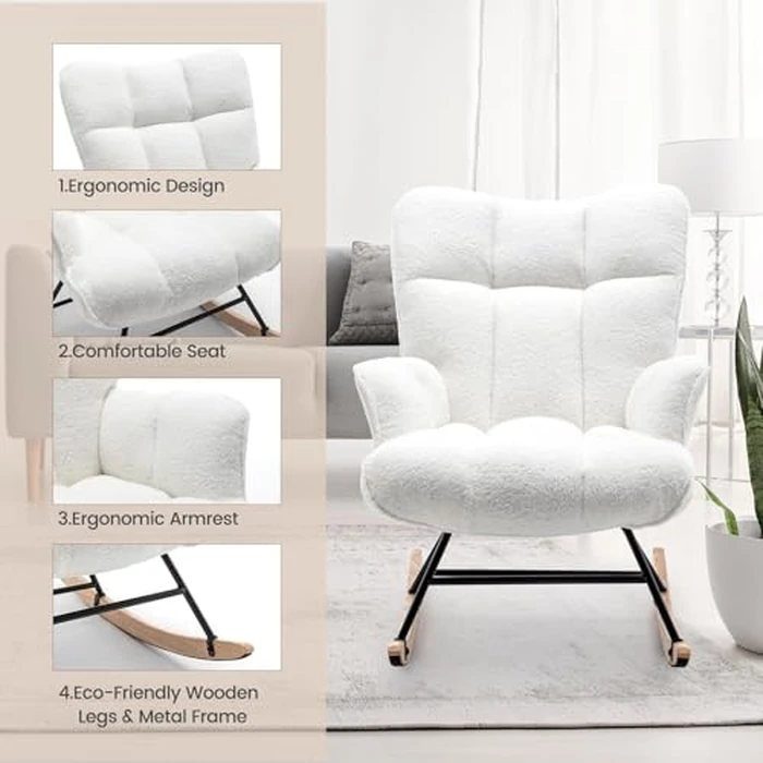 SAETSFEG Rocking Chair Nursery Teddy Upholstered Glider Rocker Chair Padded Seat with High Backrest Armchair Comfy Nursing Chair Indoor for Living Room Bedroom, White by SAETSFEG - Image 6