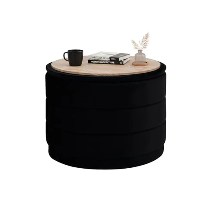 B FSOBEIIALEO Round Velvet Storage Ottoman with Tray, Folding Tufted Ottoman with Storage Coffee Table Foot Rest for Dorm Room, Black 58x58x44cm by B FSOBEIIALEO - Used - Good condition - CA$72.89