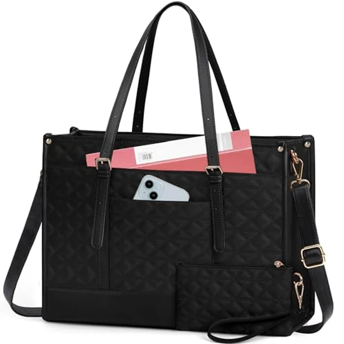 IGOLUMON Laptop Bags for Women Vegan Leather Laptop Bag 15.6 Inch Quilted Work Tote Bag Womens Laptop Briefcase for Business Travel Office Teacher Designer Computer Bag with Clutch Purse Black by IGOLUMON - Image 1